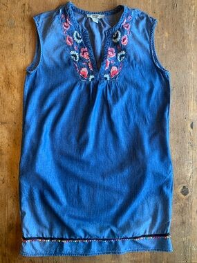 Vintage America Blue Sleeveless Embroidered Chambray Dress